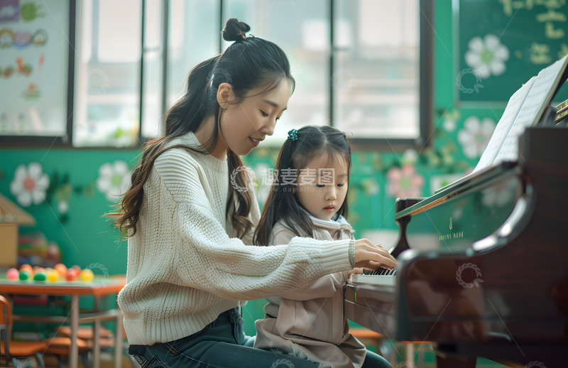 高清大图下载【趣麦麦图】暑假班教弹钢琴摄影