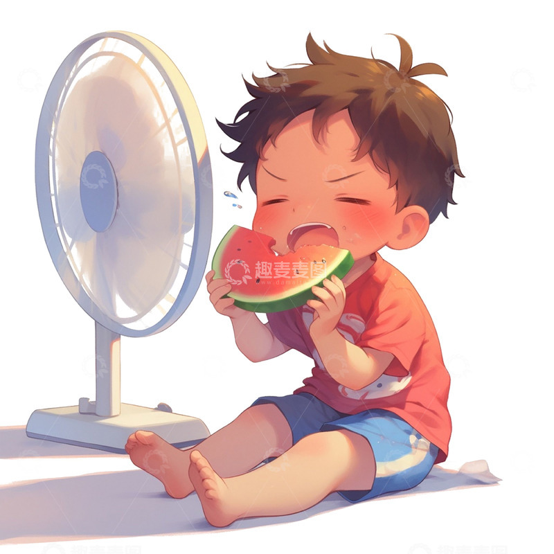 夏日西瓜风扇清凉男孩