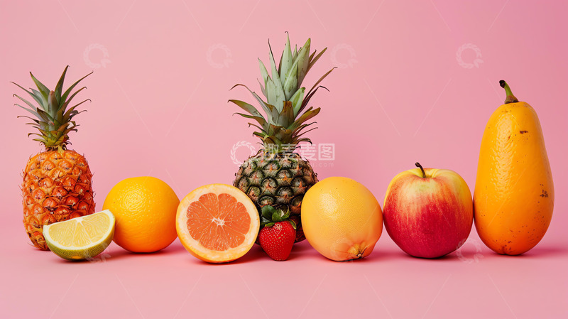 高清大图下载【趣麦麦图】一排水果粉色背景拍摄
