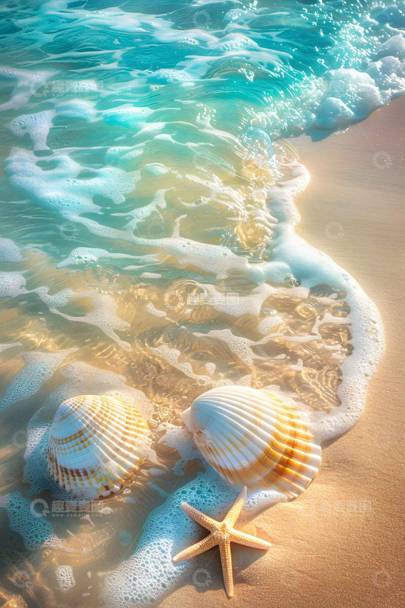 高清大图下载【趣麦麦图】夏日海浪沙滩俯视背景