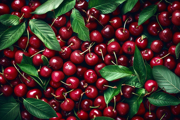 夏天新鲜车厘子绿叶背景