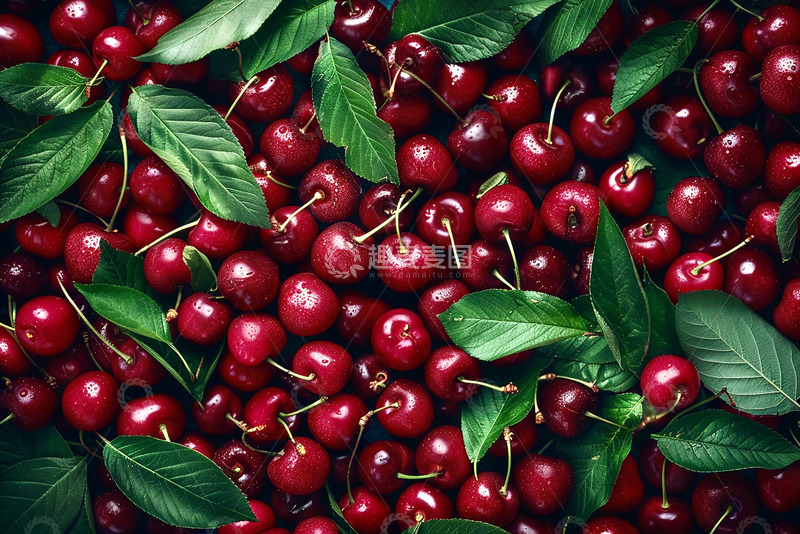 高清大图下载【趣麦麦图】夏天新鲜车厘子绿叶背景