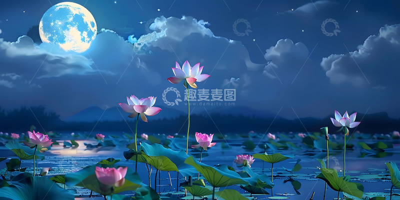 高清大图下载【趣麦麦图】夏日夜晚荷花背景
