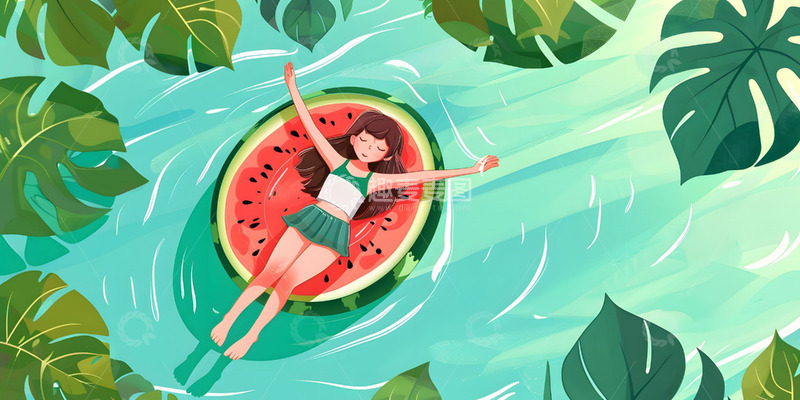 高清大图下载【趣麦麦图】夏天清凉西瓜卡通人物背景