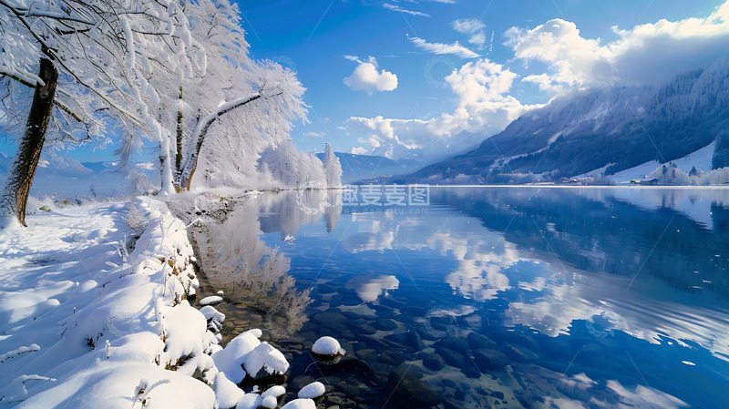 高清大图下载【趣麦麦图】大自然风光冬季湖边积雪