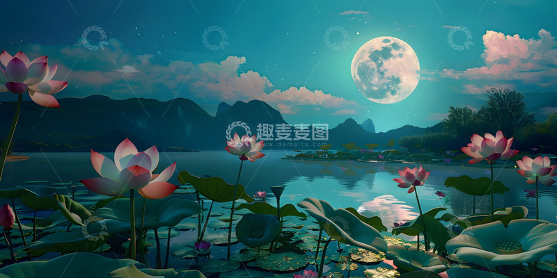 高清大图下载【趣麦麦图】夜晚荷塘背景