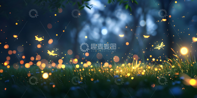 高清大图下载【趣麦麦图】夏天夜晚森林萤火虫背景