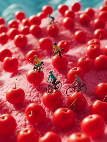 红色樱桃骑车人物微缩景观
