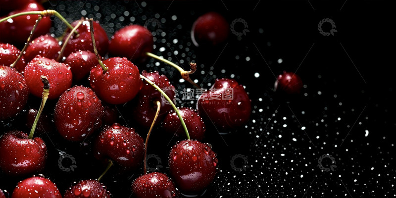 高清大图下载【趣麦麦图】新鲜樱桃水珠黑色背景