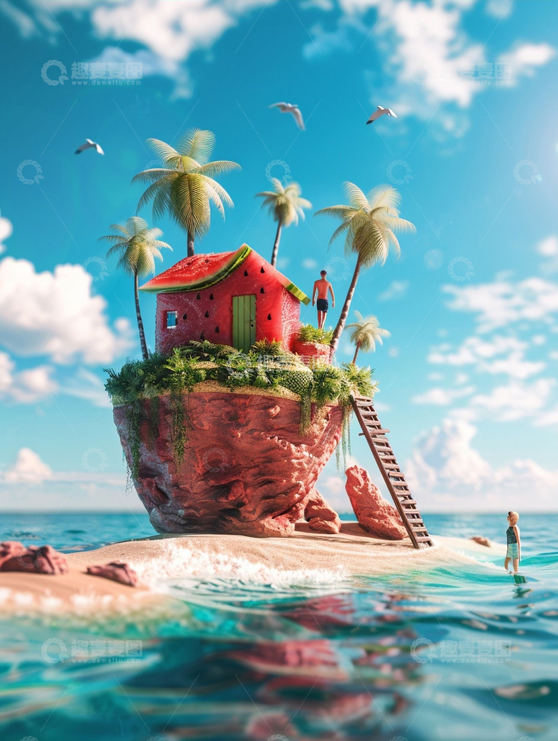 高清大图下载【趣麦麦图】夏天创意海边西瓜建筑背景