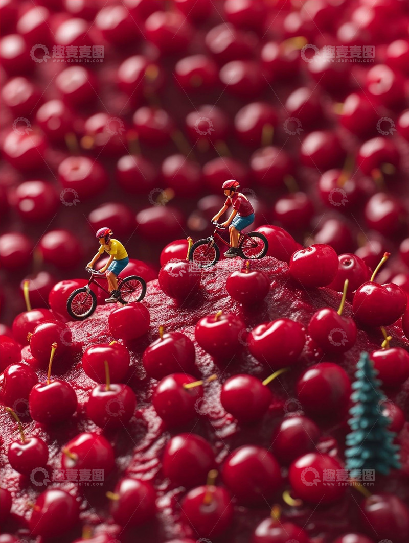 高清大图下载【趣麦麦图】创意樱桃骑车人物微缩世界