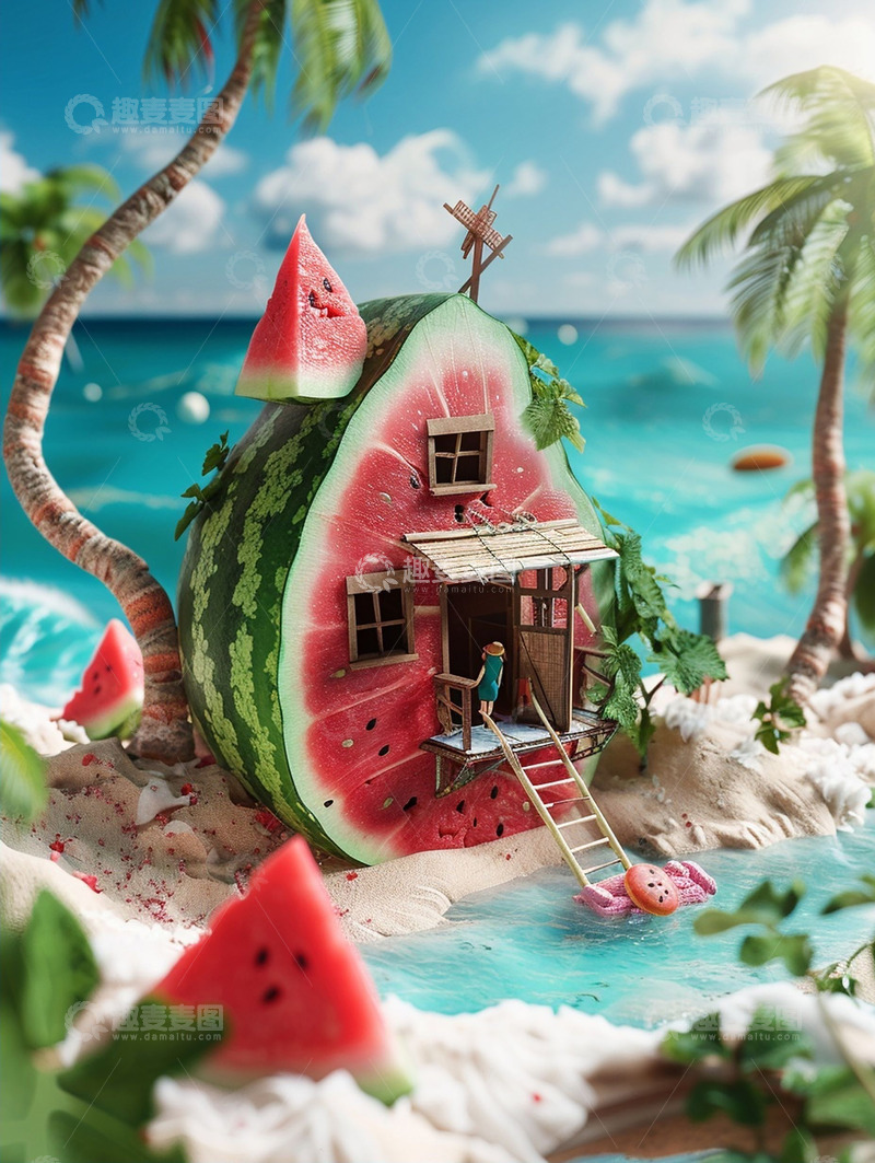 高清大图下载【趣麦麦图】微缩海边西瓜建筑背景
