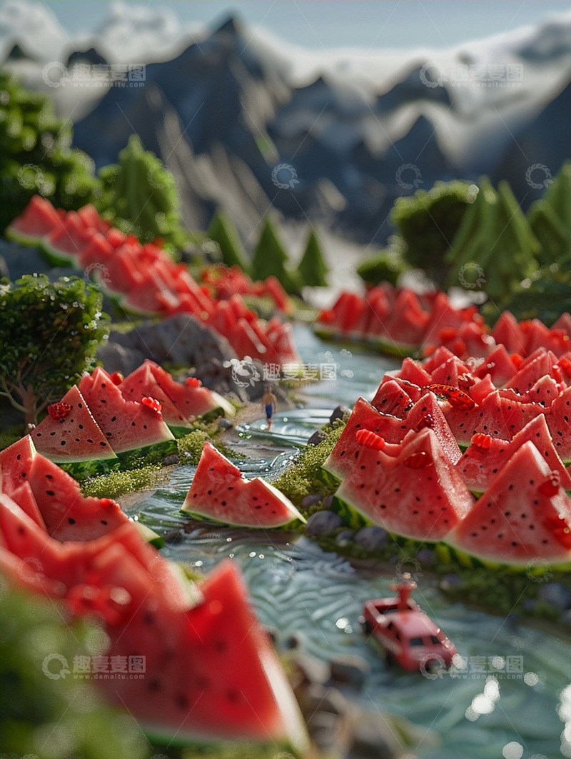 高清大图下载【趣麦麦图】创意微缩西瓜山脉背景