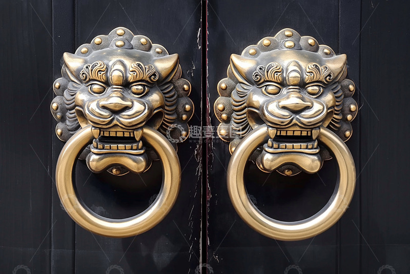 高清大图下载【趣麦麦图】黑色大门复古狮头门环AI摄影图