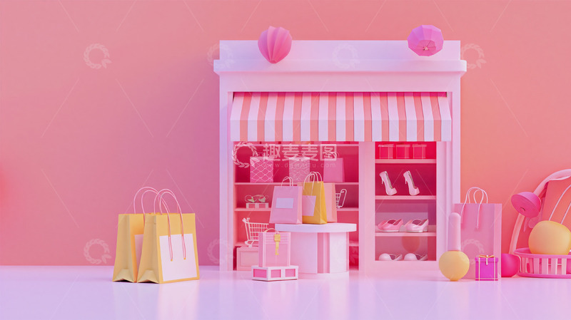 高清大图下载【趣麦麦图】粉色小店购物袋场景背景