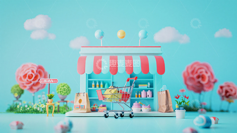 高清大图下载【趣麦麦图】电商小店购物车购物袋3d建模场景
