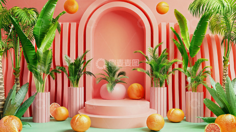 高清大图下载【趣麦麦图】-水果橙子植物粉色绿色背景壁纸