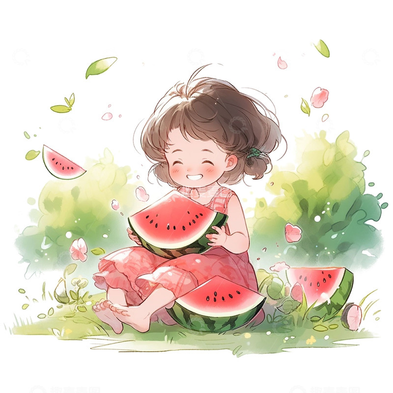 高清大图下载【趣麦麦图】夏天西瓜手绘卡通人物