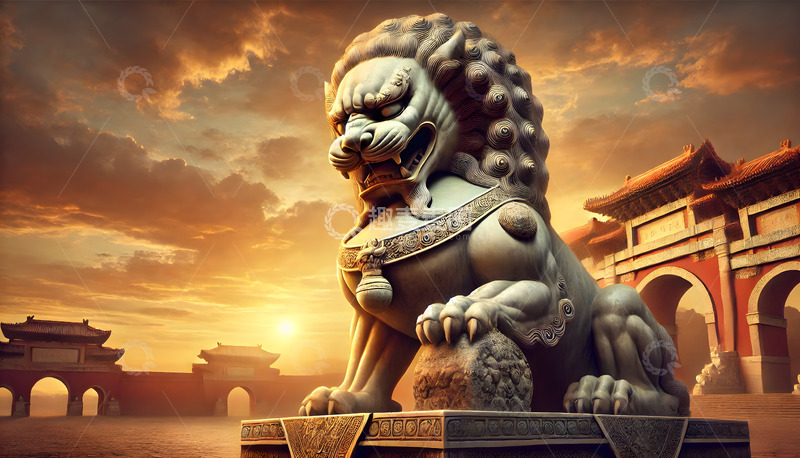 高清大图下载【趣麦麦图】黄昏景色下的石狮子AI摄影图素材