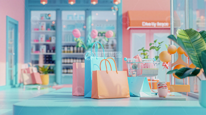 高清大图下载【趣麦麦图】3d建模立体商店购物车购物袋场景