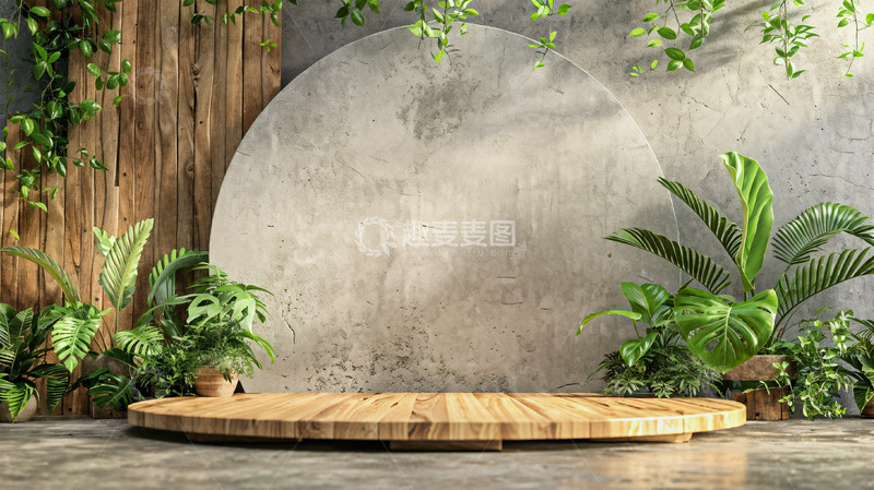 高清大图下载【趣麦麦图】热带植物展台木质场景背景