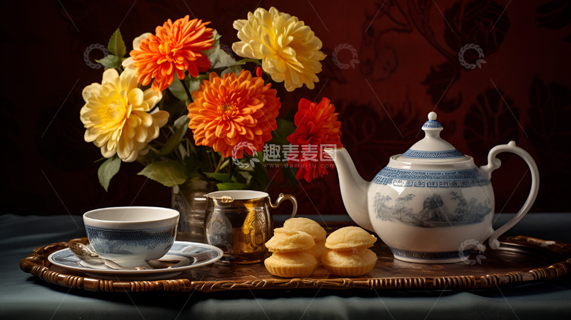 高清大图下载【趣麦麦图】中国风鲜花茶壶点心场景静物