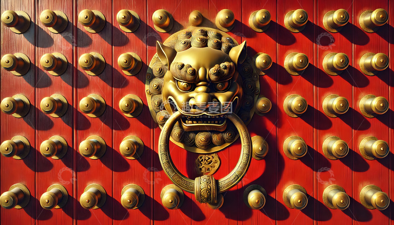 高清大图下载【趣麦麦图】红色漆门狮头门环AI摄影图