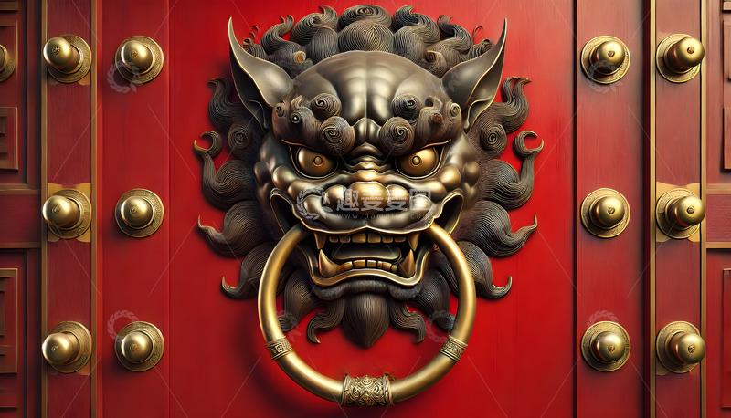 高清大图下载【趣麦麦图】红色木门铜质门环AI摄影图