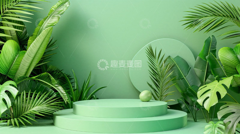 高清大图下载【趣麦麦图】绿色展台热带植物场景背景