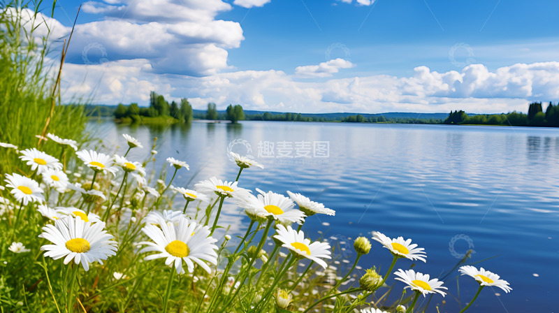 高清大图下载【趣麦麦图】鲜花河边蓝天白云场景风景