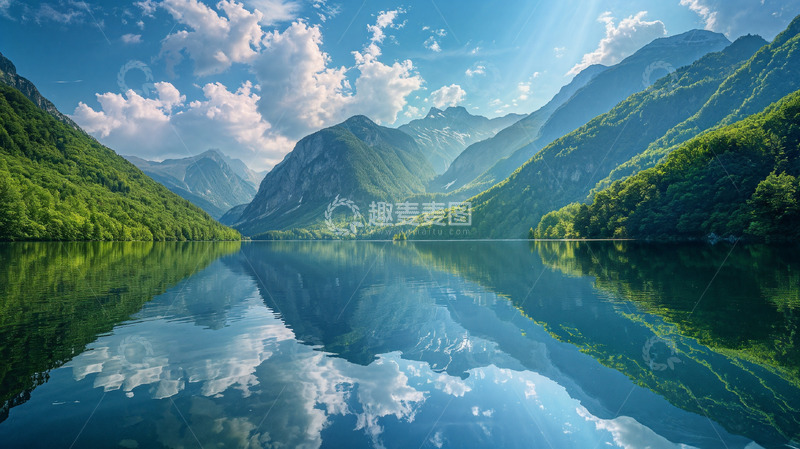 高清大图下载【趣麦麦图】水面倒影青山绿色蓝天白云风景场景