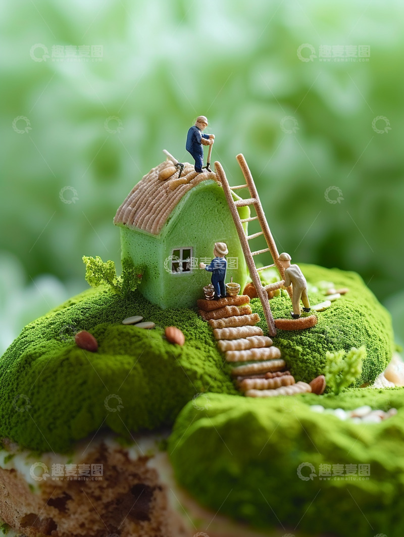 高清大图下载【趣麦麦图】创意微缩抹茶面包建筑