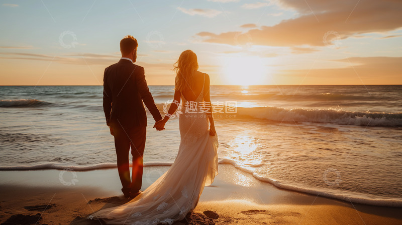 高清大图下载【趣麦麦图】海边日落牵手新娘新郎