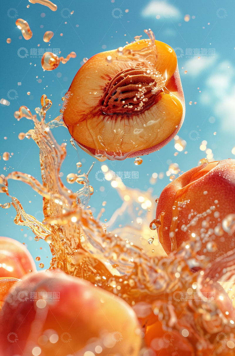 高清大图下载【趣麦麦图】蓝天夏天水果鲜美多汁桃子背景