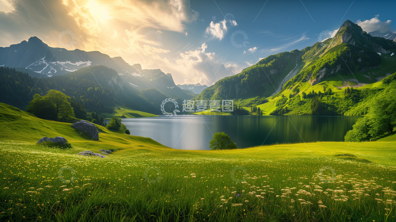 高清大图下载【趣麦麦图】绿色草地湖泊森林山