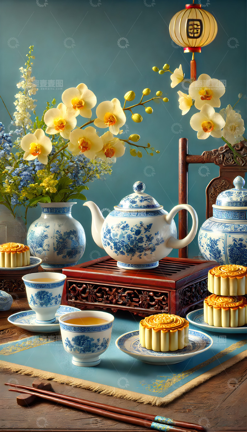 高清大图下载【趣麦麦图】中秋节月饼花束国风AI摄影图