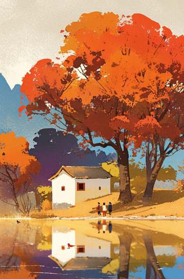 秋天湖边建筑树木人物