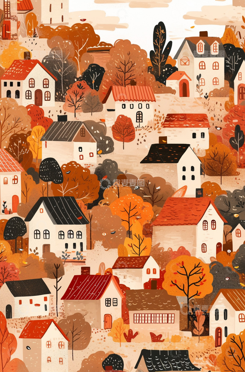 高清大图下载【趣麦麦图】卡通红色建筑秋日立秋秋分背景