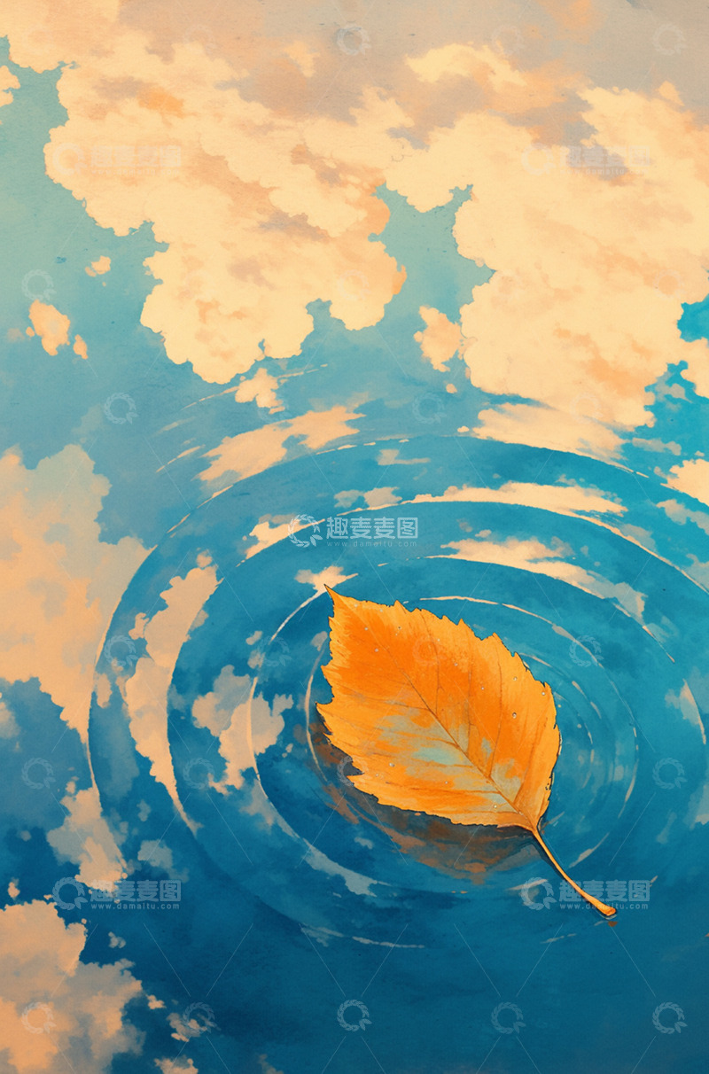 高清大图下载【趣麦麦图】蓝天白云落叶倒影