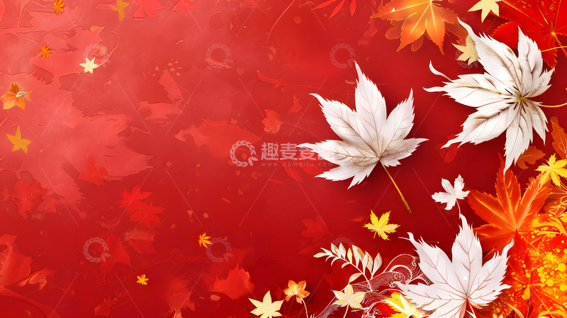 高清大图下载【趣麦麦图】红色背景白色枫叶秋季壁纸