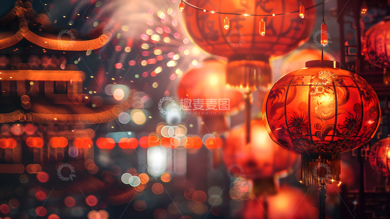 高清大图下载【趣麦麦图】夜晚灯笼庆典烟花中国传统节日壁纸