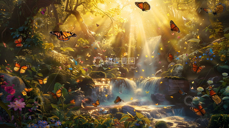 高清大图下载【趣麦麦图】森林瀑布蝴蝶飞舞梦幻自然景观壁纸