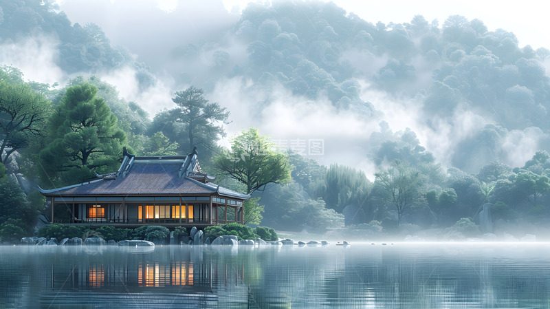 高清大图下载【趣麦麦图】雾中湖边的传统中式建筑