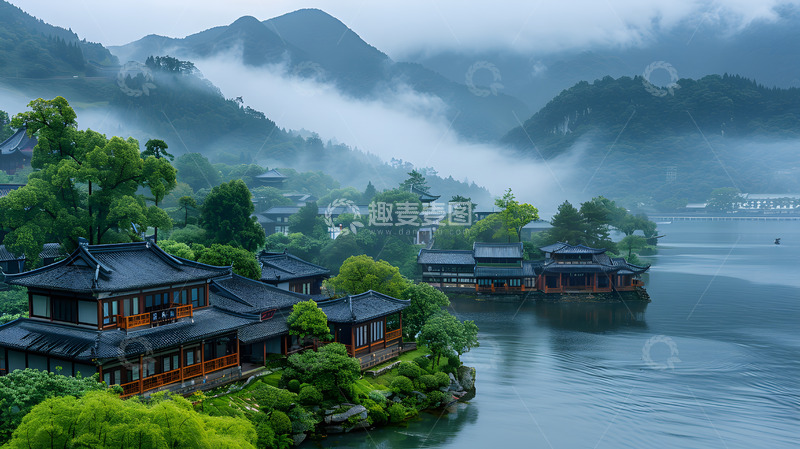 高清大图下载【趣麦麦图】雨中山水间的中式建筑群