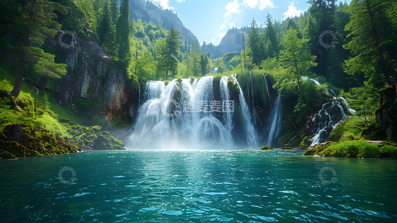 高清大图下载【趣麦麦图】森林中的瀑布与清澈湖泊风景