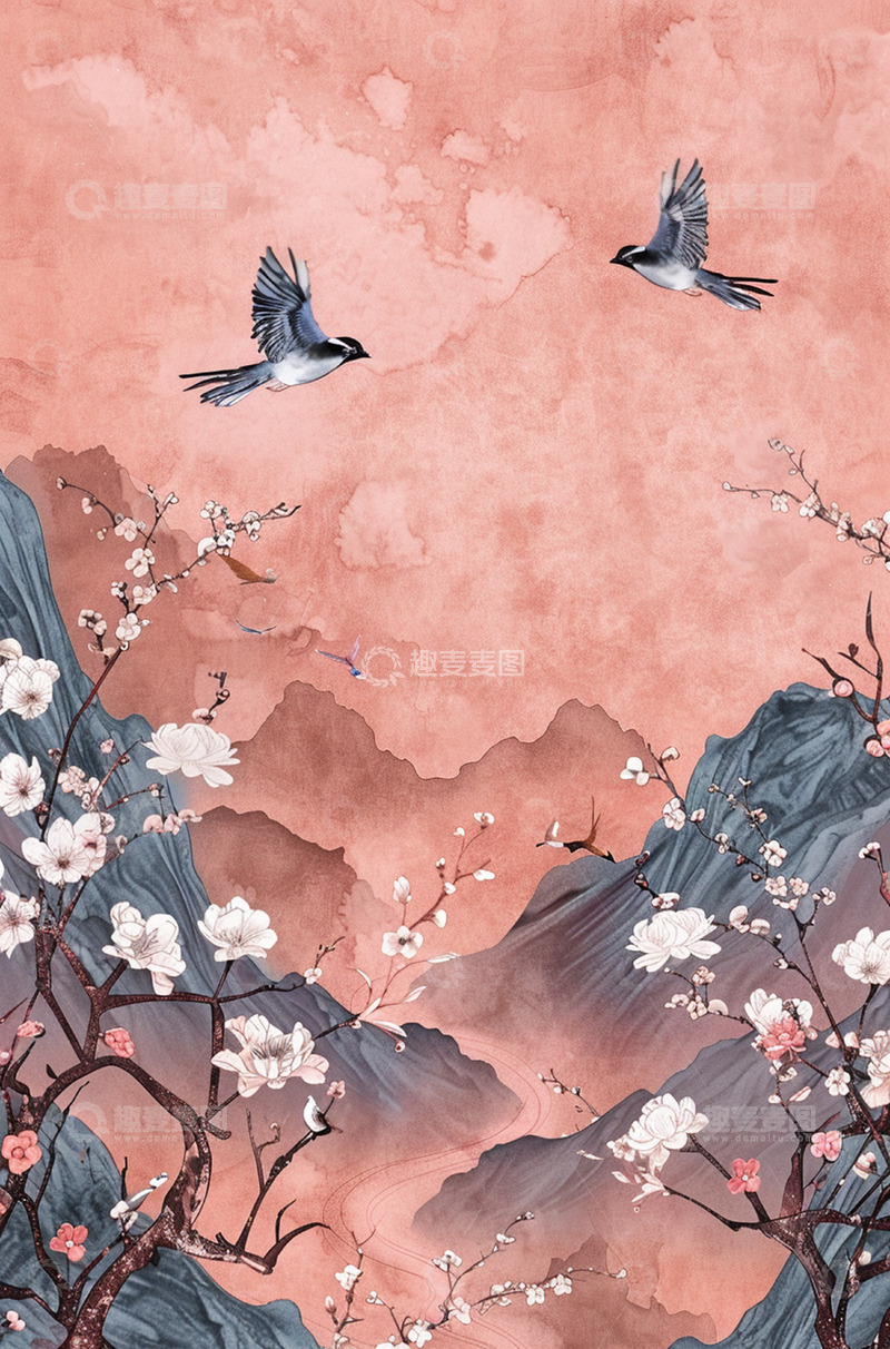 高清大图下载【趣麦麦图】复古山水花鸟背景