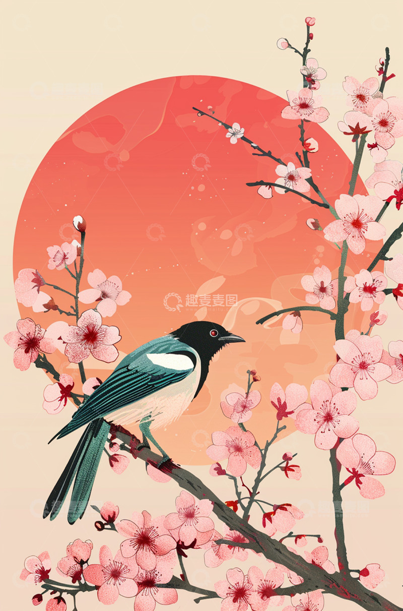 高清大图下载【趣麦麦图】旭日桃花小鸟背景