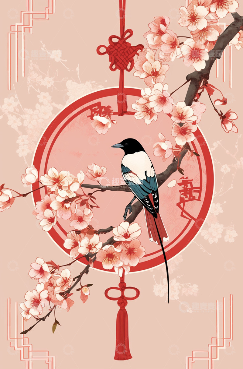 高清大图下载【趣麦麦图】红色中国结花鸟背景