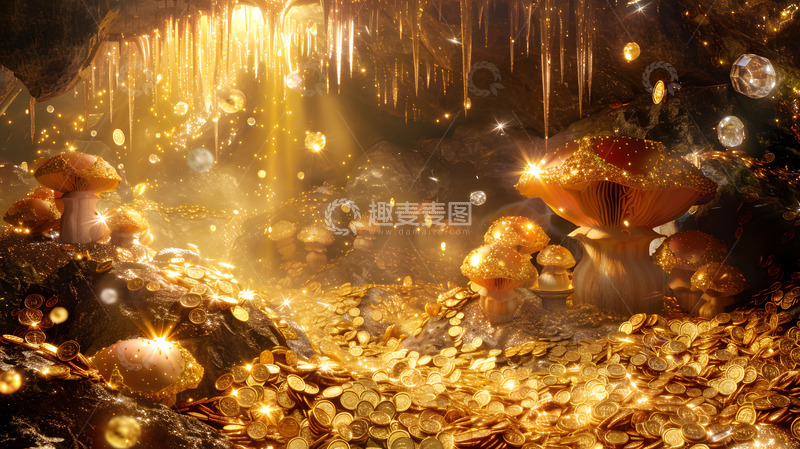 高清大图下载【趣麦麦图】神秘洞穴金色蘑菇奇幻景观壁纸