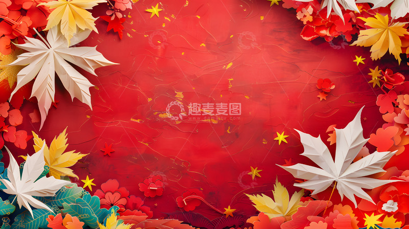 高清大图下载【趣麦麦图】红色背景白色与红色枫叶秋季装饰壁纸